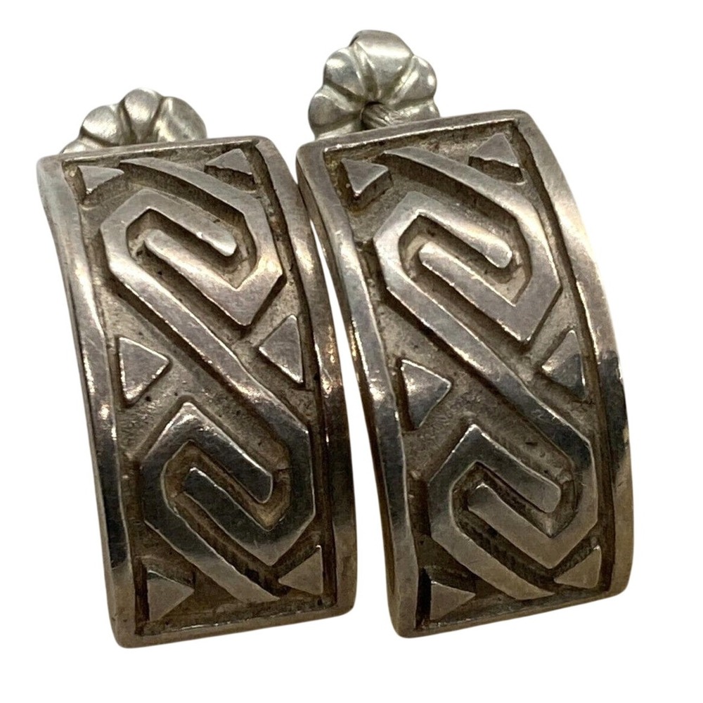 Vintage ZAC‎ Geometric Pattern Curved Earrings Sterling 925 Silver 5.7g